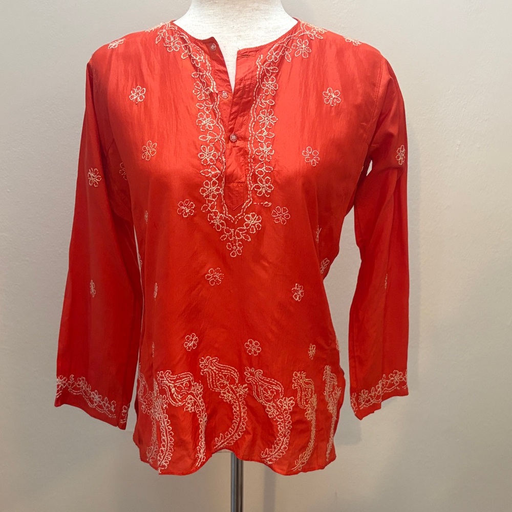Embroidered Red Silk Women's Kurti Top